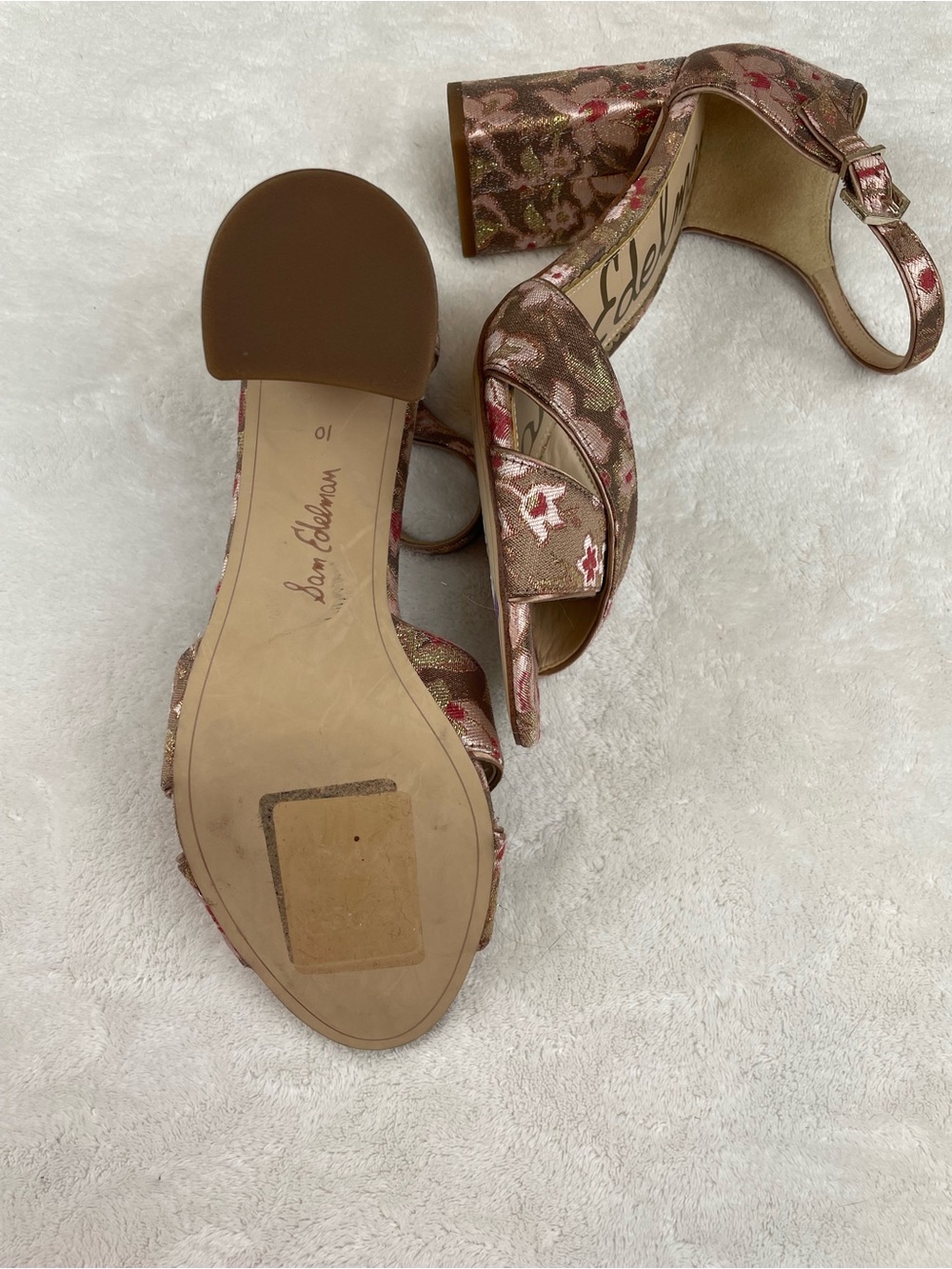 Sam Edelman Metallic Rose Gold Floral Block-Heel Sandals - Picture 5 of 6